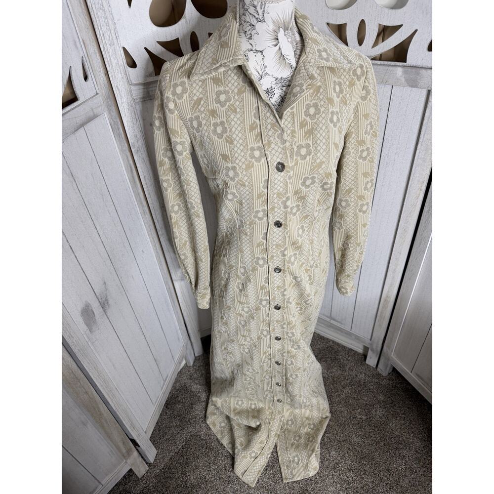 Vintage 60s 70s Metallic Floral Full Button Dress Long Glam Size Small